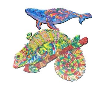 Unidragon wood wooden puzzle lot 2 puzzles whale chameleon lizard